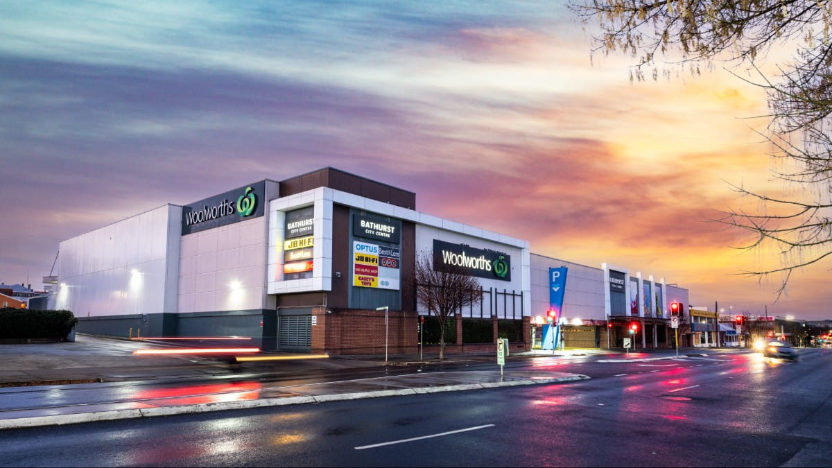 External view of a shopping centre in Bathurst at sunset